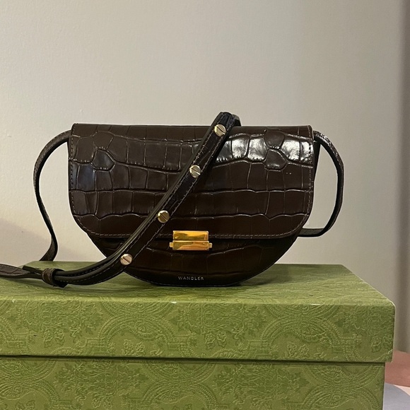 WANDLER croc embossed chocolate brown Anna crossbody flap bag / clutch EUC - Picture 2 of 13
